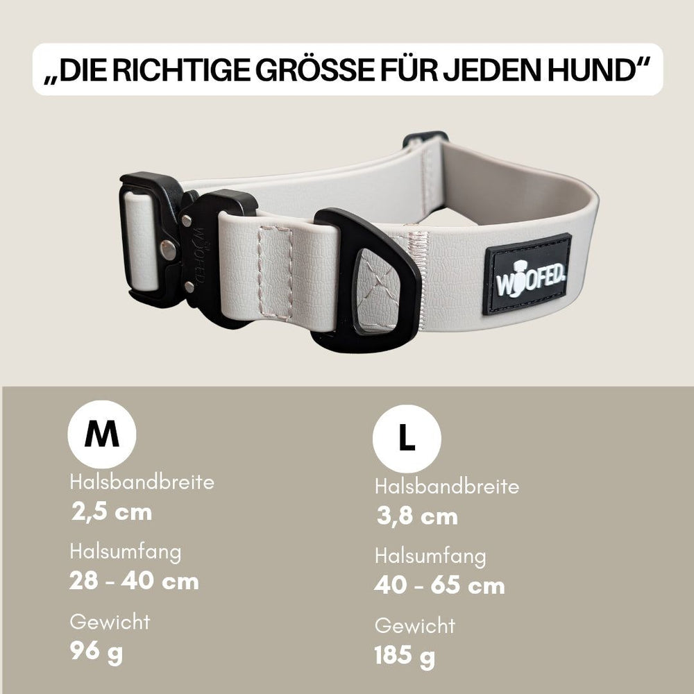 Verstellbares WOOFLEX® Hundehalsband in den Größen M und L, ideal für Halsumfänge von 28 bis 40 cm.