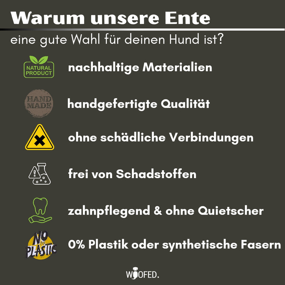 Nachhaltiges Hundespielzeug Ente Ella aus umweltfreundlichen Materialien, ideal zum Spielen, Kauen und Kuscheln für Hunde.