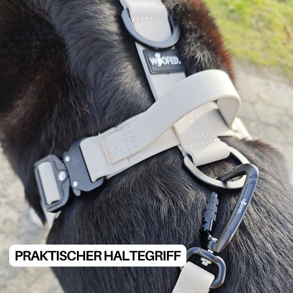Praktisches Y-Hundegeschirr WOOFLEX® mit hellem Haltegriff und Karabinerhaken für optimale Kontrolle und Sicherheit.