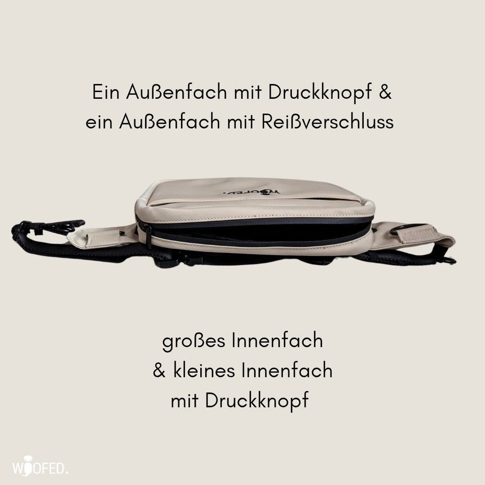 Multifunktionale Gassitasche in neutralen Farben, als Bauchtasche und Schultertasche nutzbar, mit mehreren Fächern.