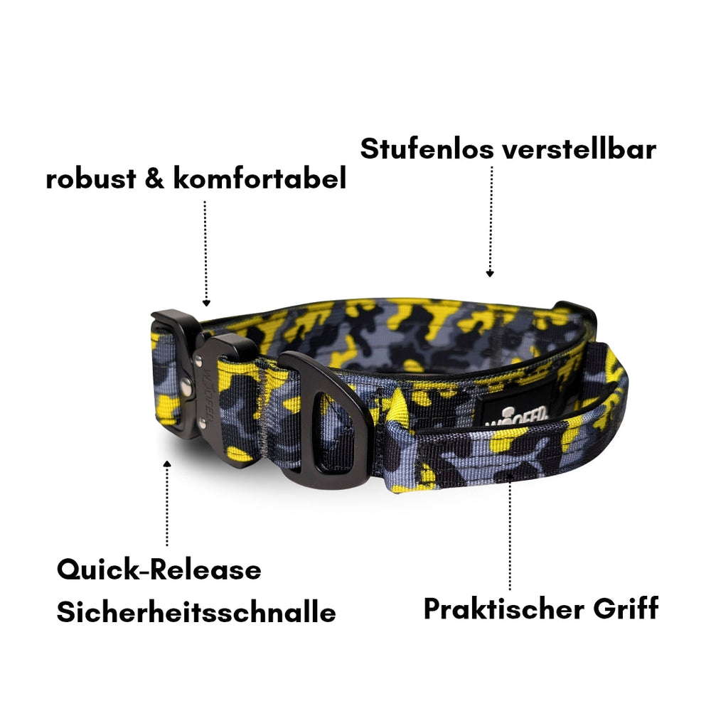 Ultraleichtes Nylon Halsband mit Griff, gepolstert, camouflagemuster, stufenlos verstellbar und mit Sicherheitschnalle.