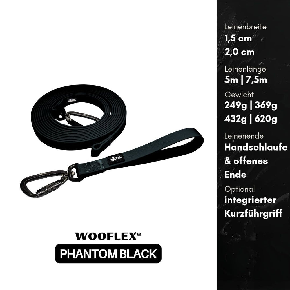 Schleppleine WOOFLEX® in Phantom Black, 1,5 cm breit, erhältlich in 5 m und 7,5 m Längen für Hunde.