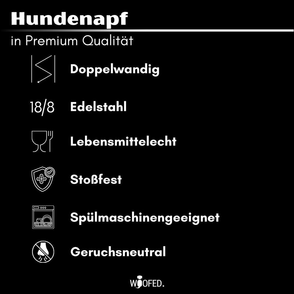 Premium Edelstahlnapf WOOFED Black mit Anti-Rutsch-Boden, spülmaschinengeeignet, stilvoll und langlebig für Hunde.