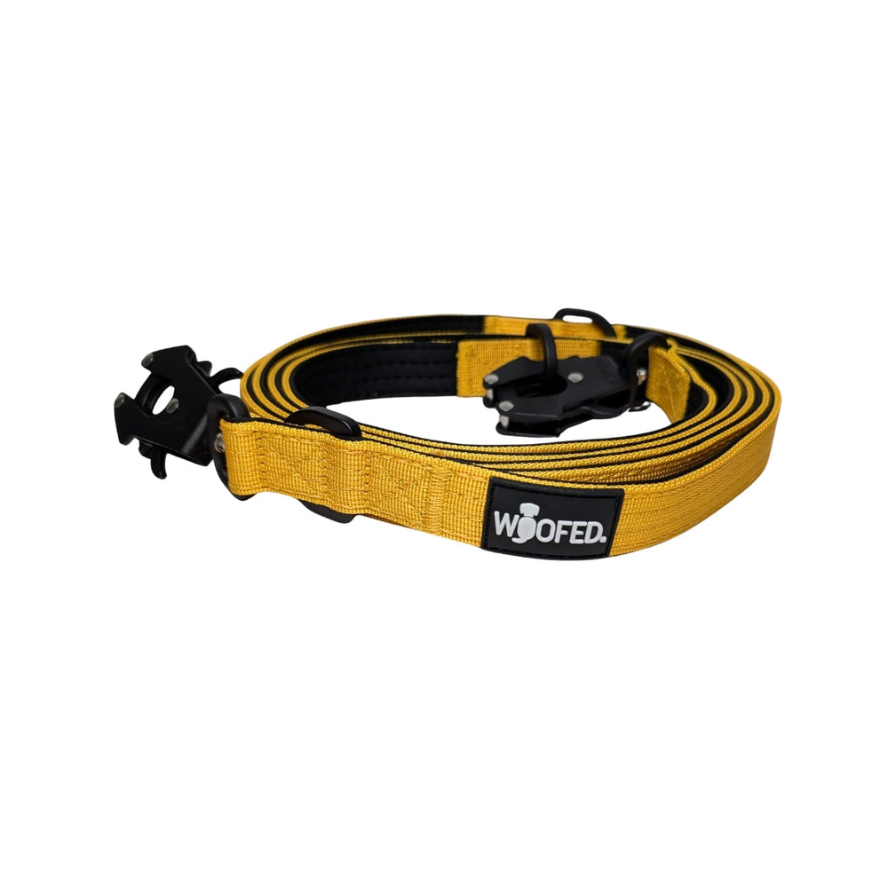 Gelbe Hundeleine aus robustem Nylon mit schwarzem Handgriff und praktischem Froschkarabiner-Haken.