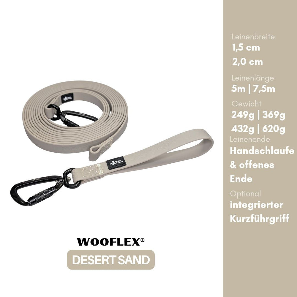 Hundeleine WOOFLEX® in "Desert Sand", 1,5 cm oder 2,0 cm breit, 5 m lang mit Sicherheitskarabiner.