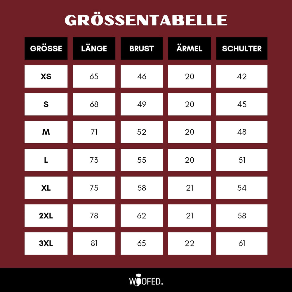 Größentabelle für das unisex T-Shirt "Life is better with dogs" auf rotem Hintergrund.