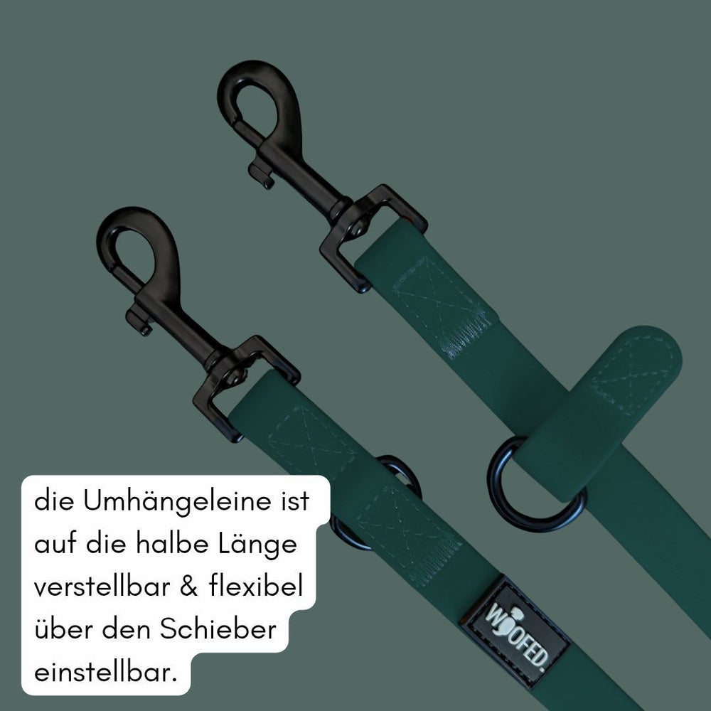 Grüne WOOFLEX® Classic Umhängeleine mit verstellbarer Länge und robusten Karabinerhaken. Ideal für Hundeausflüge.