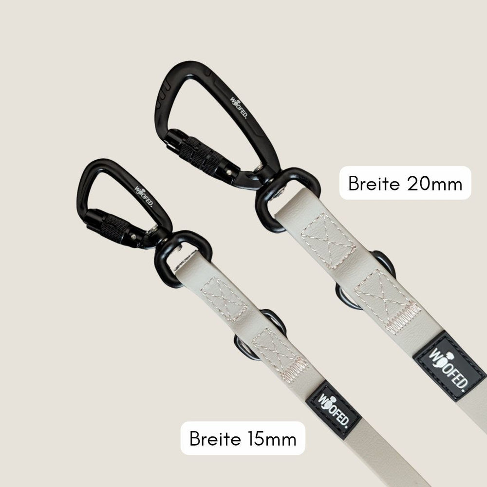 "Zwei WOOFLEX® Pro Umhängeleinen in hellen Farben, 20 mm und 15 mm Breite, ideal für Hunde."