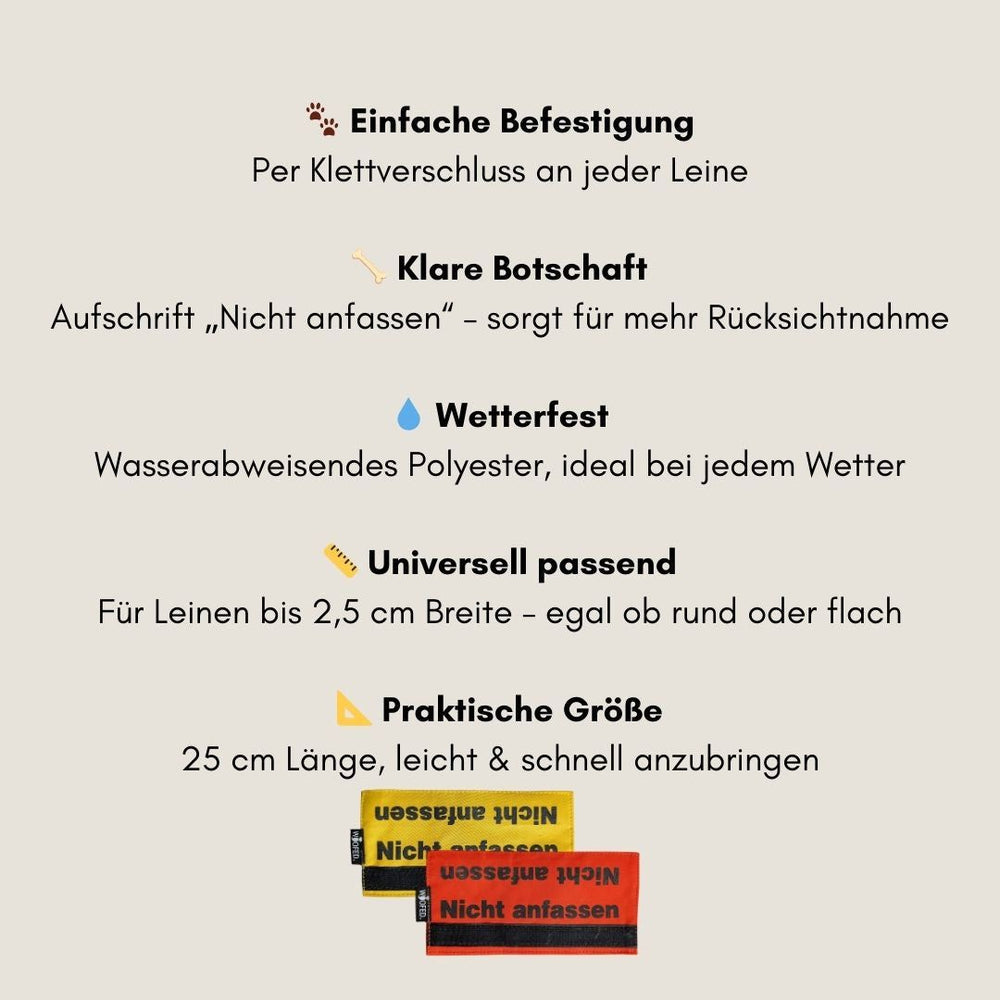 Leinen Banderole "Nicht anfassen" mit Klettverschluss für sichere Hundespaziergänge und klare Botschaft zur Abstandshaltung.