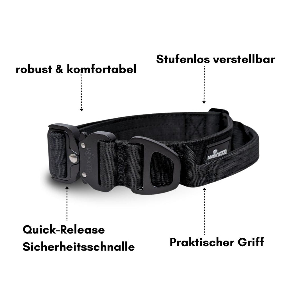 Ultraleichtes Nylon Halsband mit Griff, stufenlos verstellbar und Quick-Release Schnalle in Schwarz.