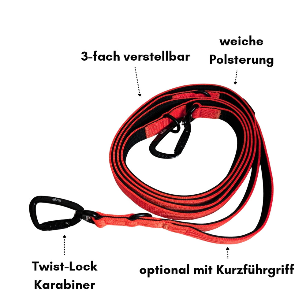3-fach verstellbare Hundeleine aus Nylon in rot und schwarz mit weicher Polsterung und sicherem Twist-Lock Karabiner.