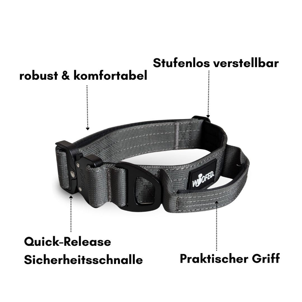 Ultraleichtes Nylon Tactical Halsband für Hunde, stufenlos verstellbar mit Quick-Release Schnalle und praktischem Griff.