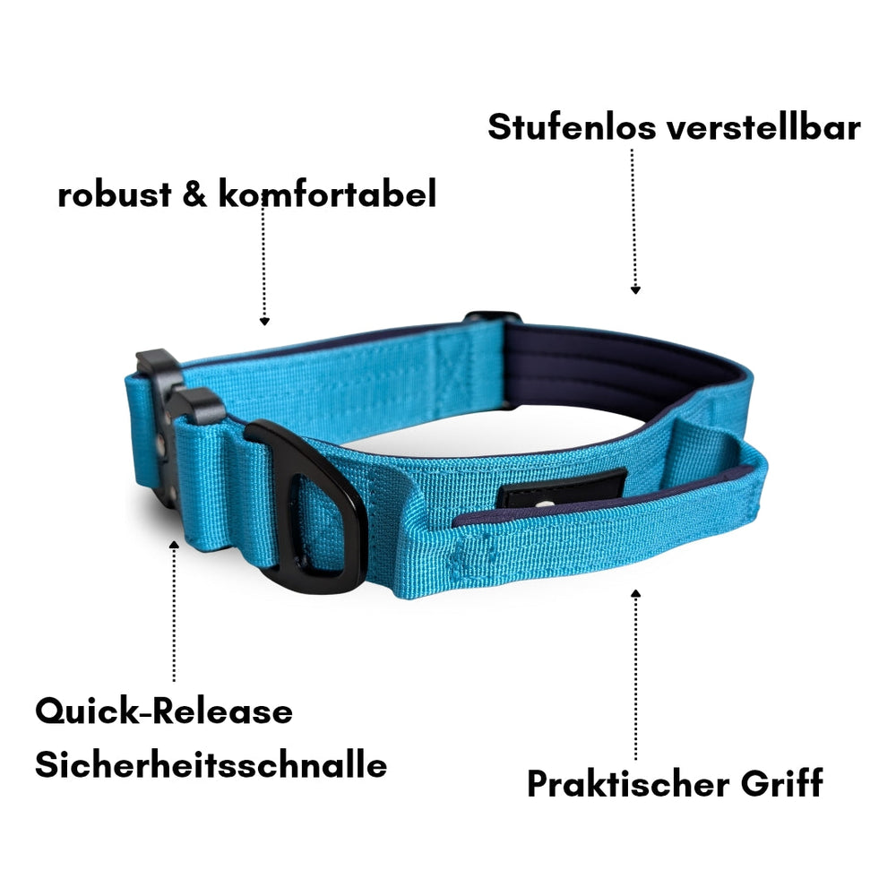 Ultraleichtes Nylon Halsband für Hunde in blau mit verstellbarem Gurt und praktischem Griff. Ideal für sicheres Gassi-Gehen.