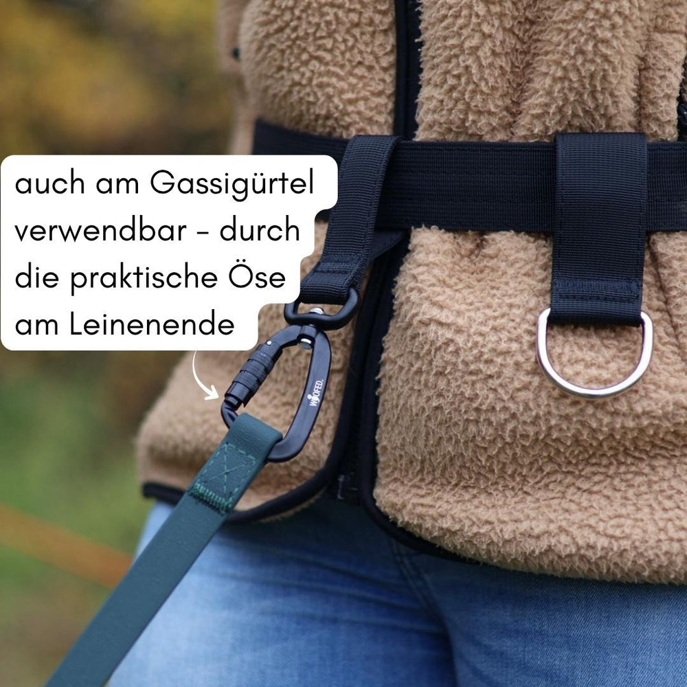 Person mit Hund im Geschirr, verbunden über einen Karabinerhaken zur sicheren Befestigung der WOOFLEX® Schleppleine.