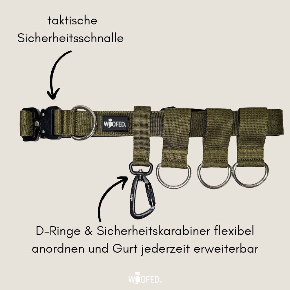 Verstellbarer ultraleichter Gassigürtel in Olivgrün mit Schnalle, D-Ringen und Sicherheitskarabiner für maximale Flexibilität.