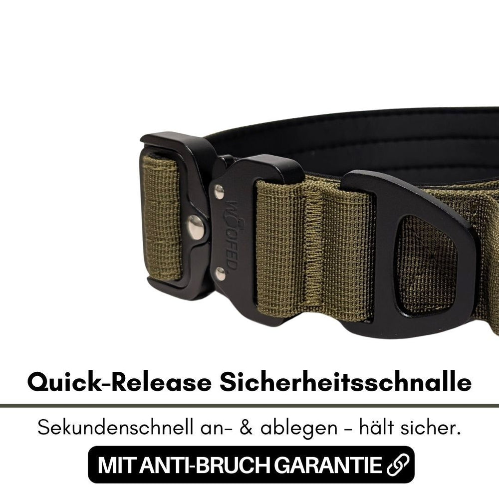 Ultraleichtes Nylon Halsband in dunkelgrün mit robustem Metallverschluss und Quick-Release Sicherheitsmechanismus.