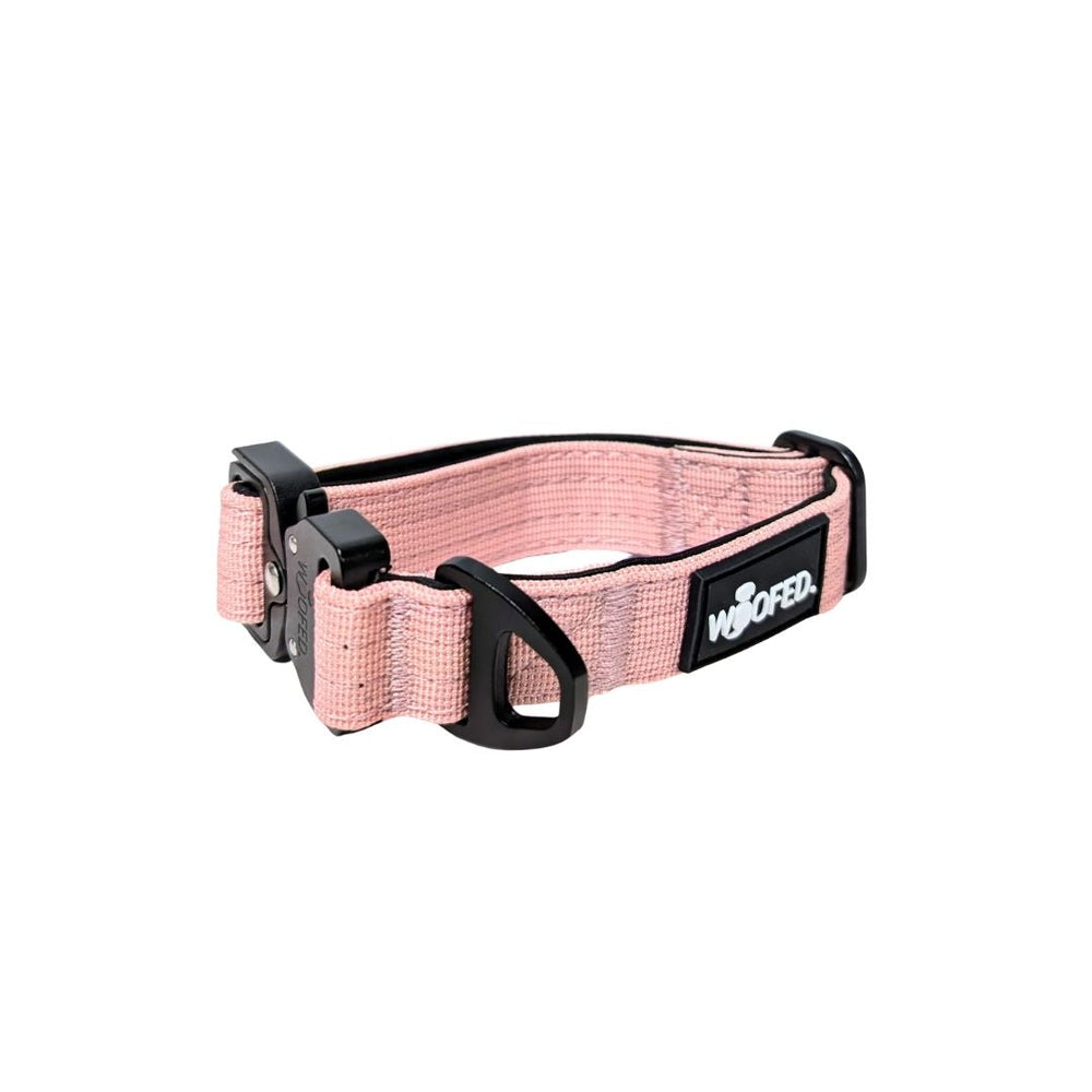Rosa nylon Hundehalsband mit Griff, schwarzer Schnalle und D-Ring für Leine, leicht und langlebig.