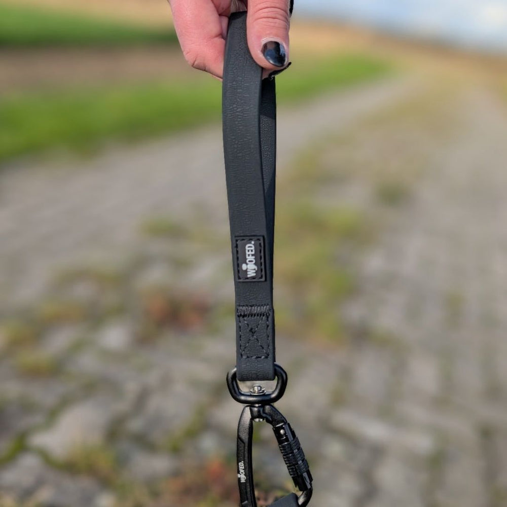 Hand hält WOOFLEX® Hundeleinengriff aus flexiblem Material vor einer grünen Landschaft und gepflastertem Weg.