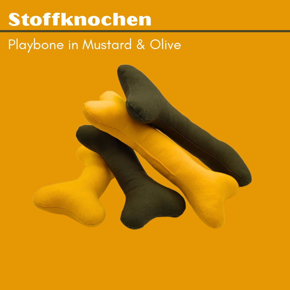 Weiche Stoffknochen Spielzeuge in Senfgelb und Olivgrün, ideal für Hunde zum Kuscheln und Apportieren, leuchtend gelber Hinte