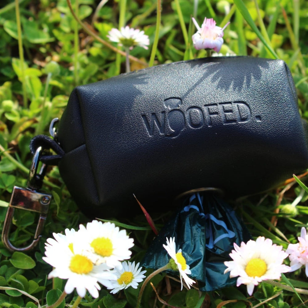Kotbeutelspender WOOFED. aus veganem Kunstleder mit Karabiner, stylisch und praktisch für Hundebesitzer auf Wiese.