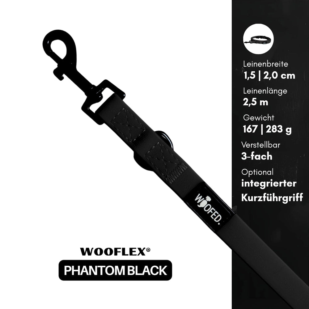 Verstellbare WOOFLEX® Classic Führleine in Schwarz, 1,5 cm breit und 2,5 m lang, ideal für Hunde.