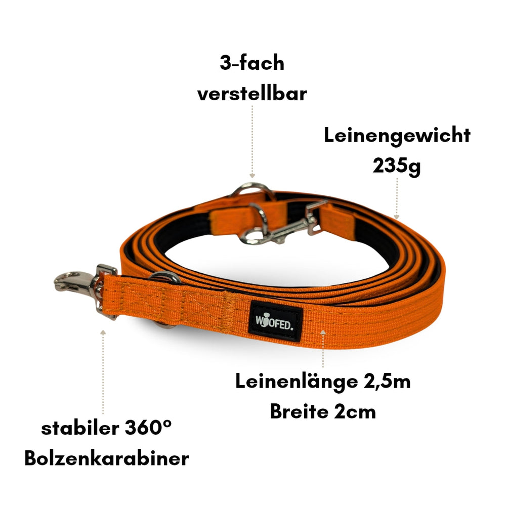 "Orange Nylon Classic Führleine 2,5 m mit 360° Bolzenkarabiner und 3-fach Verstellbarkeit, 235 g leicht."