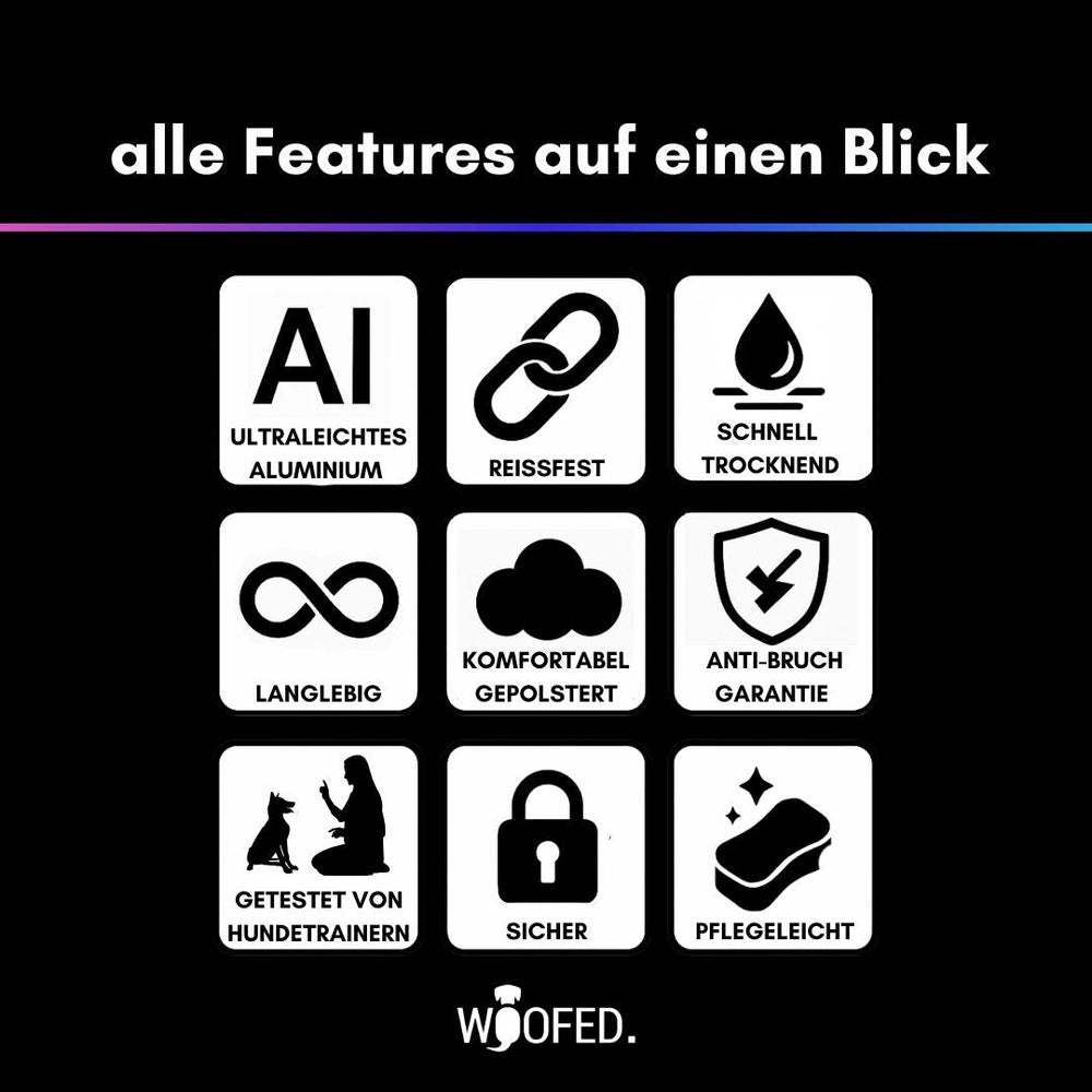 Nylon Halsband mit Griff: Übersicht der neun Symbole für verschiedene Features im 3x3-Raster angeordnet.