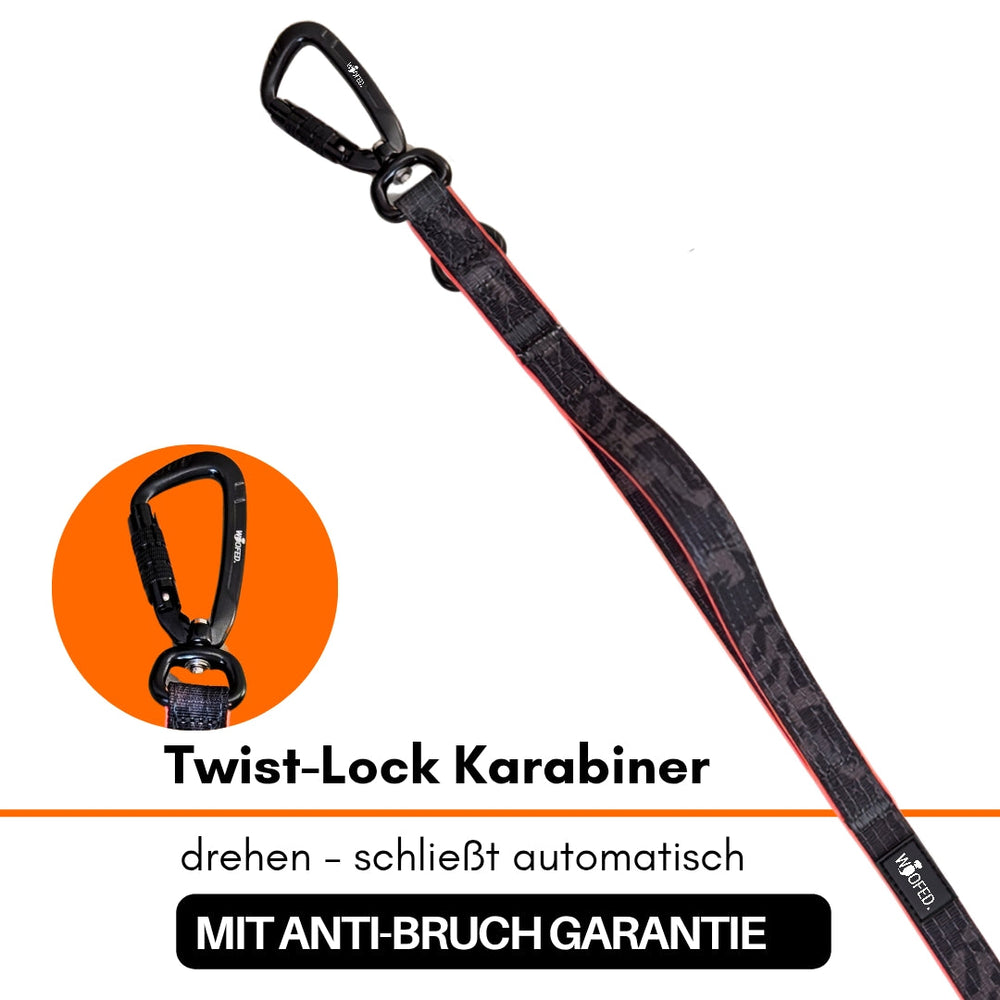 Schwarze Nylon Pro Führleine mit Twist-Lock Karabiner und gummiertem Griff, automatisches Schließsystem, hohe Sicherheit.