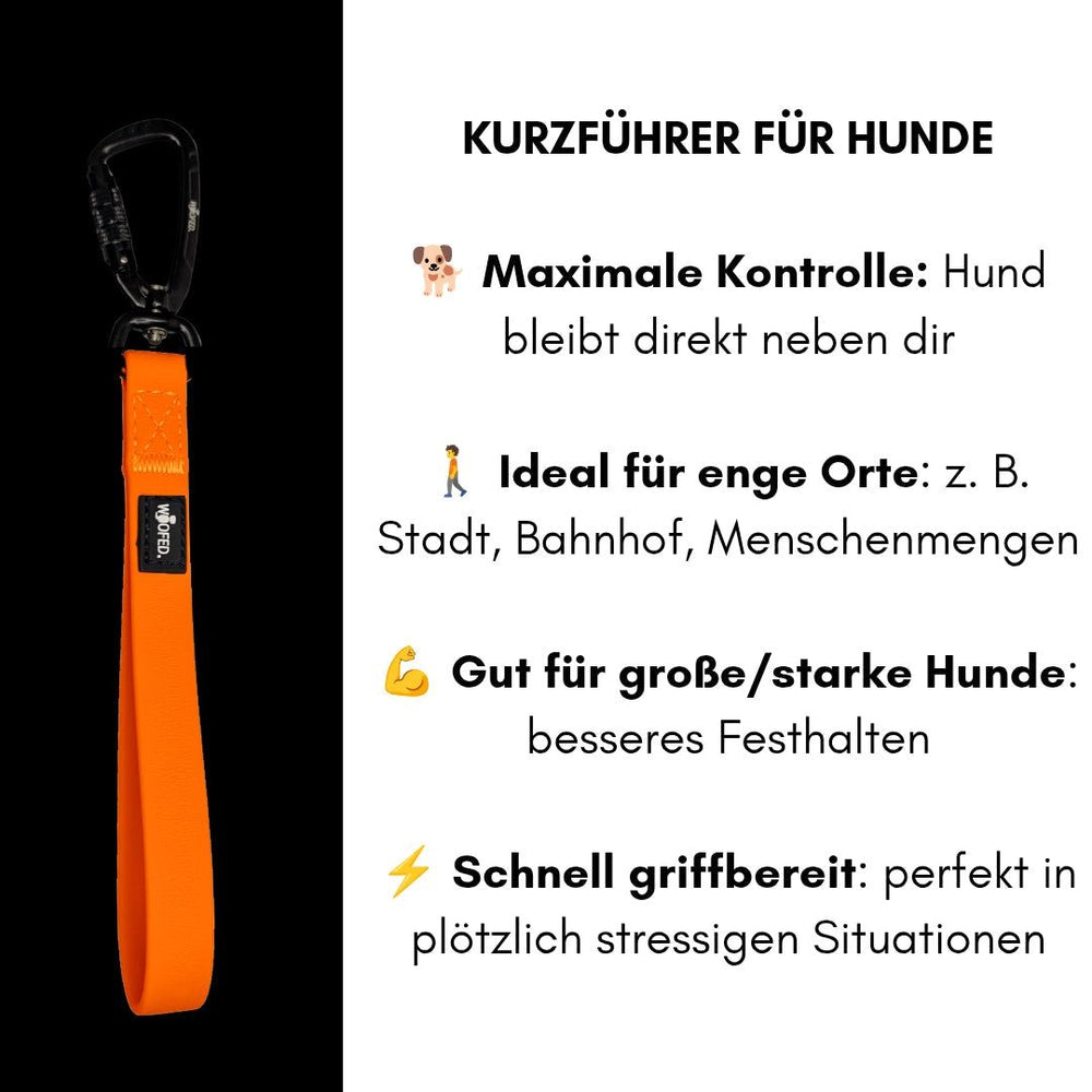 Robuste orange Hundeleine WOOFLEX® für optimale Kontrolle und Sicherheit in beengten Stadtbereichen.