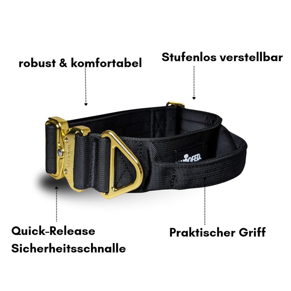 Schwarzes Nylon-Halsband für kleine Hunde mit Aluverschluss, verstellbar, mit Quick-Release Schnalle und praktischem Griff.