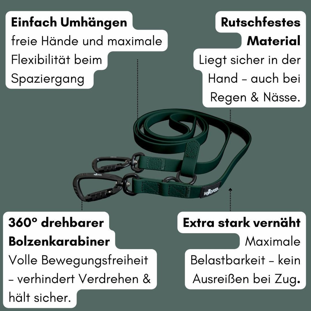 Grüne WOOFLEX® Pro Umhängeleine mit rutschfestem Material und drehbaren Karabinern für optimalen Hundekomfort.