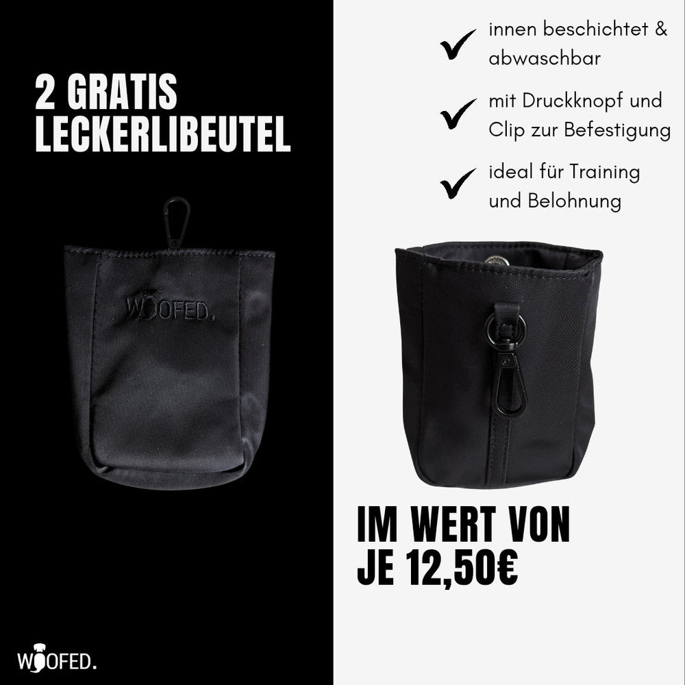 Multifunktionale Gassitasche von WOOFED mit gratis abwaschbaren Leckerlibeuteln, ideal für Hundetraining und Spaziergänge.