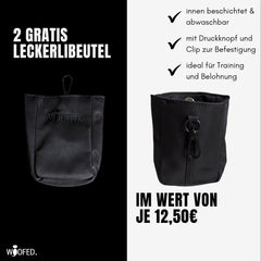 Multifunktionale Gassitasche von WOOFED mit gratis abwaschbaren Leckerlibeuteln, ideal für Hundetraining und Spaziergänge.