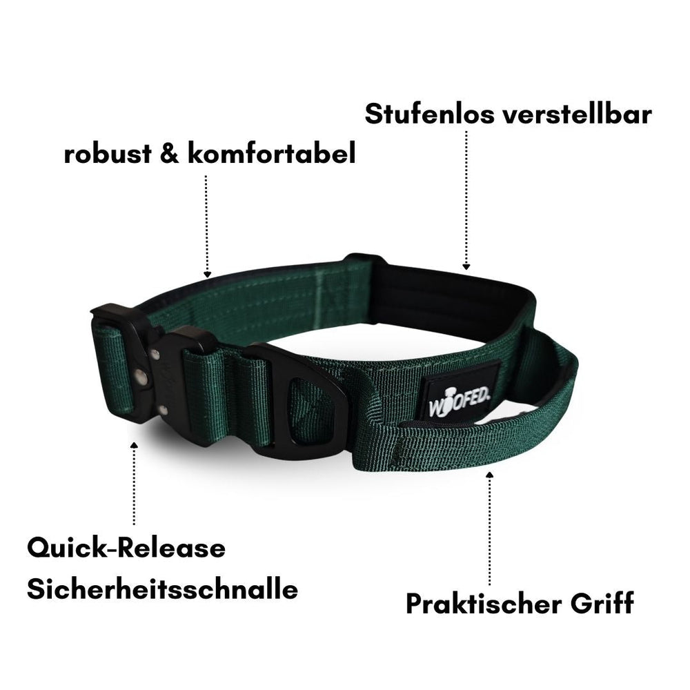 Dunkelgrünes Nylon-Hundehalsband mit Griff, verstellbar, robust und komfortabel, ideal für sicheren Halt und Komfort.