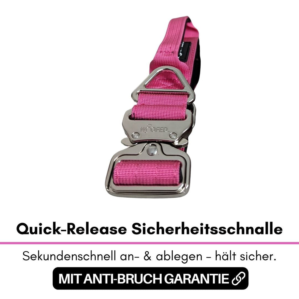 Halsband für kleine Hunde aus pinkem Nylon mit sicherer Alu-Schnalle und praktischer Quick-Release-Funktion.