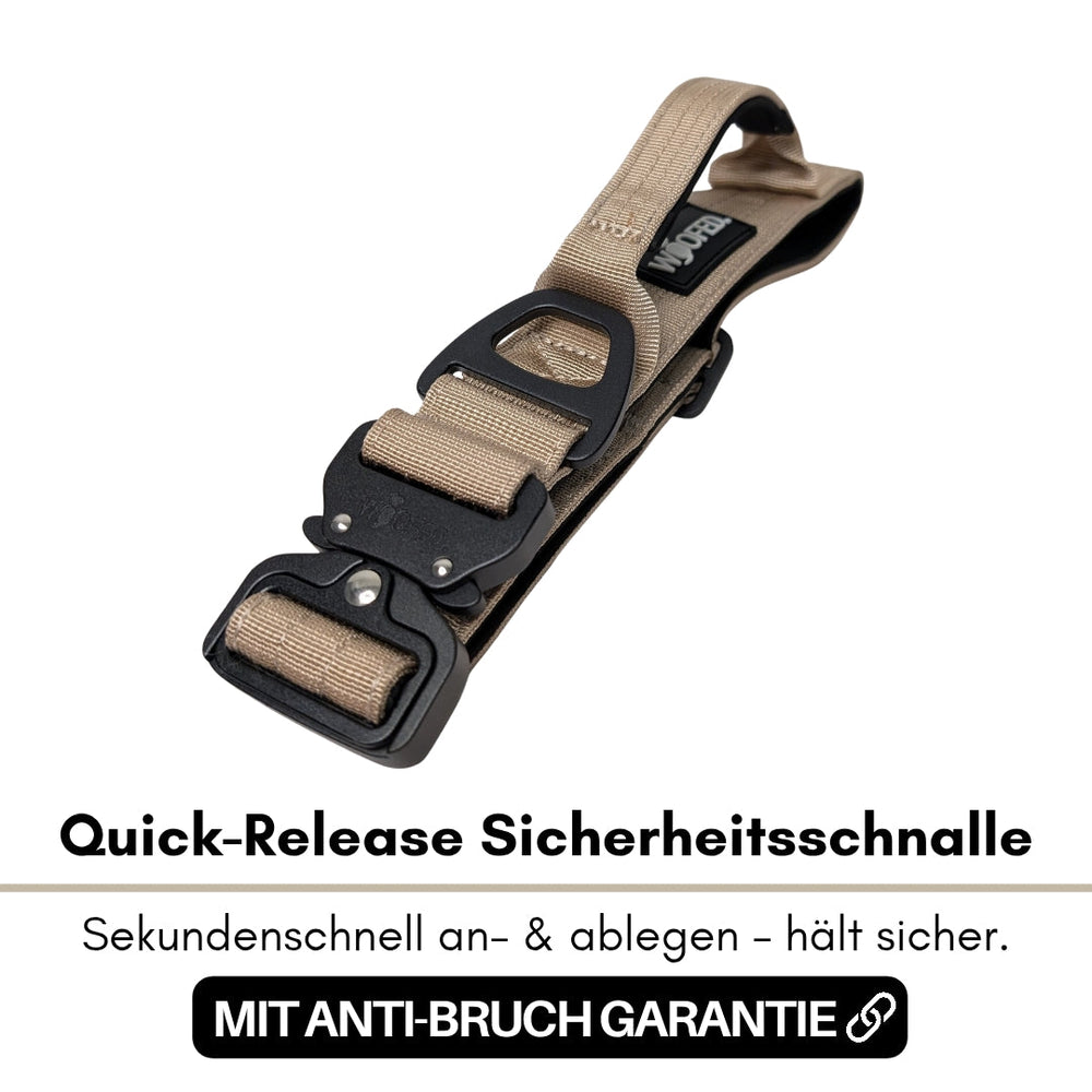 Beige und schwarze Quick-Release Sicherheitsschnalle für Nylonhalsbänder mit Anti-Bruch-Garantie und einfachem An- und Ablegen.