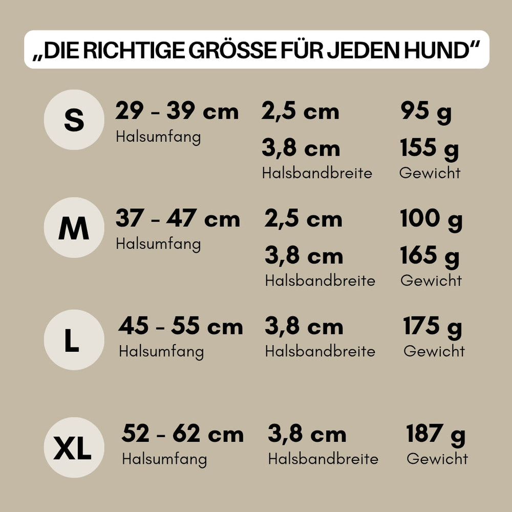 Größentabelle für verstellbare Halsbänder WOOFLEX® Classic in S, M, L, XL mit umfangreichen Details.