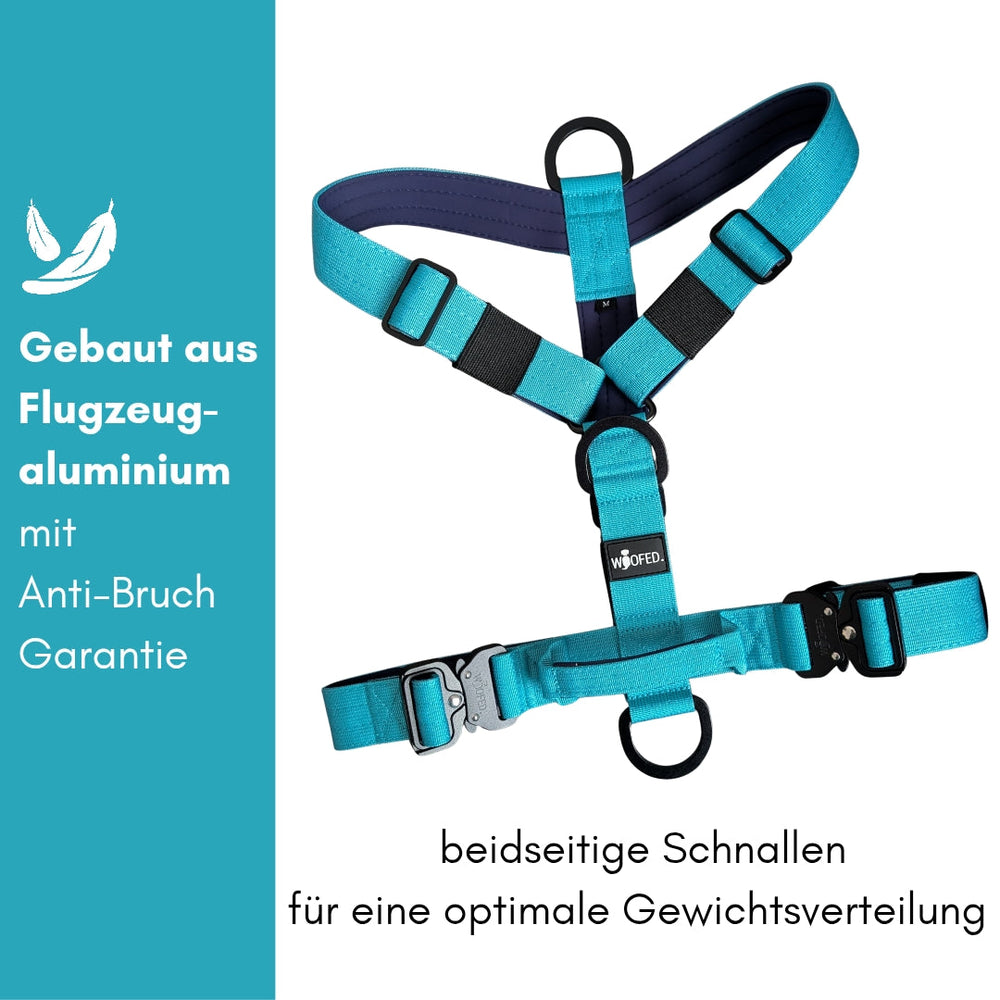 Y-Hundegeschirr aus leichtem Flugzeug-Aluminium in Türkis mit beidseitigen Schnallen für optimale Gewichtsverteilung und Anti-Bruch-Garantie.