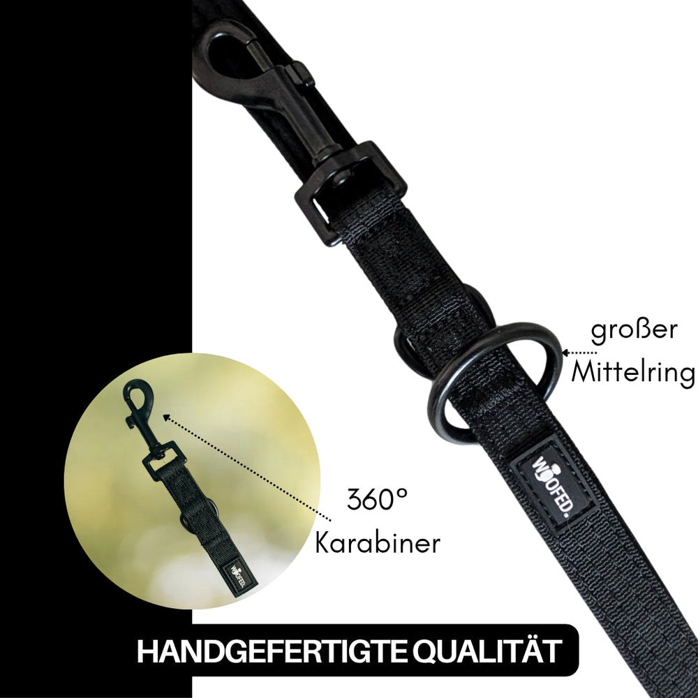 Schwarze Nylon Classic Führleine mit Mittelring und drehbarem Karabiner – handgefertigte Qualität für Hunde.