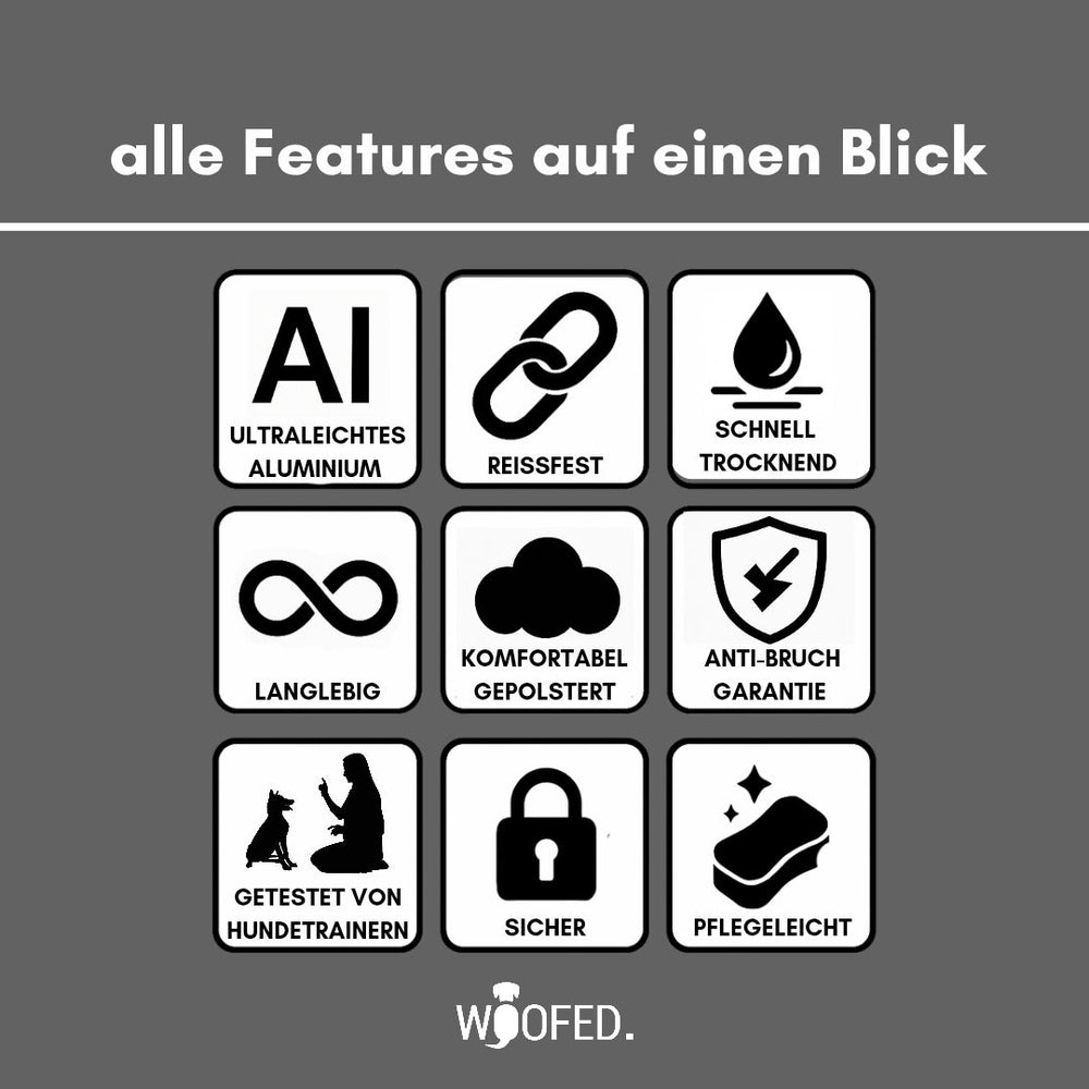 "Ultraleichtes Nylon Halsband mit Griff und neun Icons zu Eigenschaften wie Reißfestigkeit und Komfort."