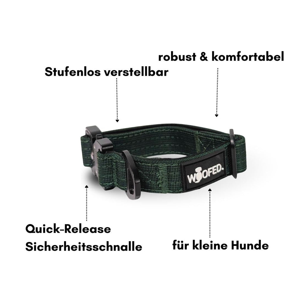 Ultraleichtes, dunkelgrünes Nylon-Hundehalsband mit Robustheit, Griff und stufenloser Verstellung. Logo „Woofed“.