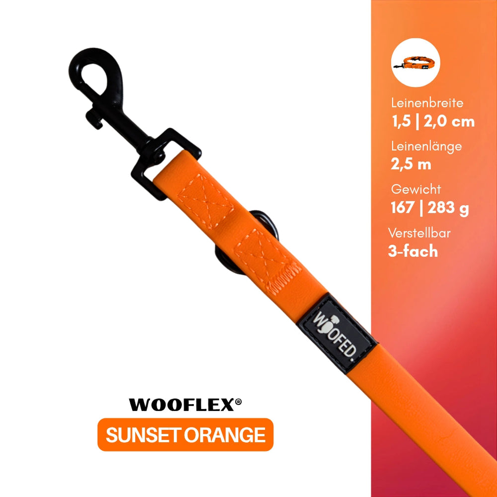 "Verstellbare orange Hundeleine WOOFLEX® Pro, 1,5 cm breit und 2,5 m lang, leicht und dreifach justierbar."