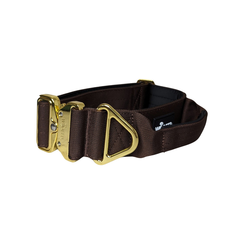 Taktisches Nylon Halsband mit Griff in Braun, robustes Material, Sicherheitsverschluss und D-Ring für Hunde.