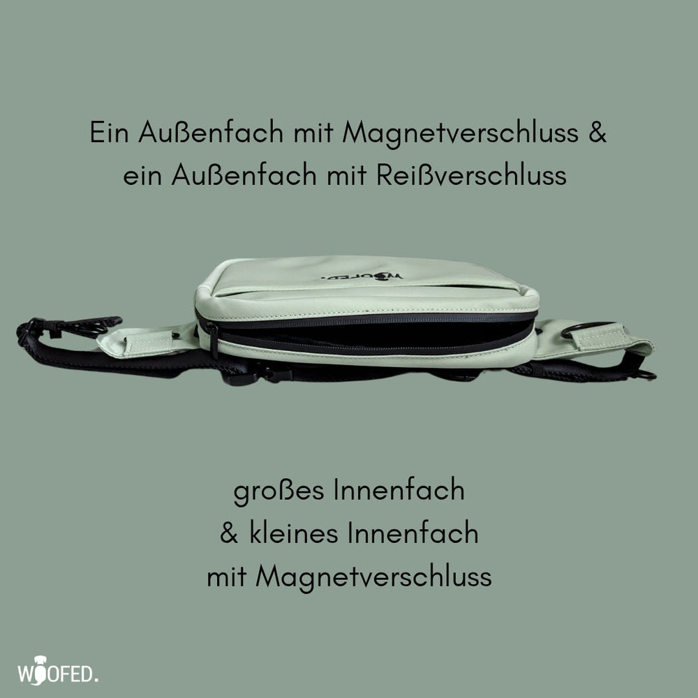 Multifunktionale Gassitasche in hellem Grünton als Bauchtasche und Schultertasche mit praktischen Fächern.