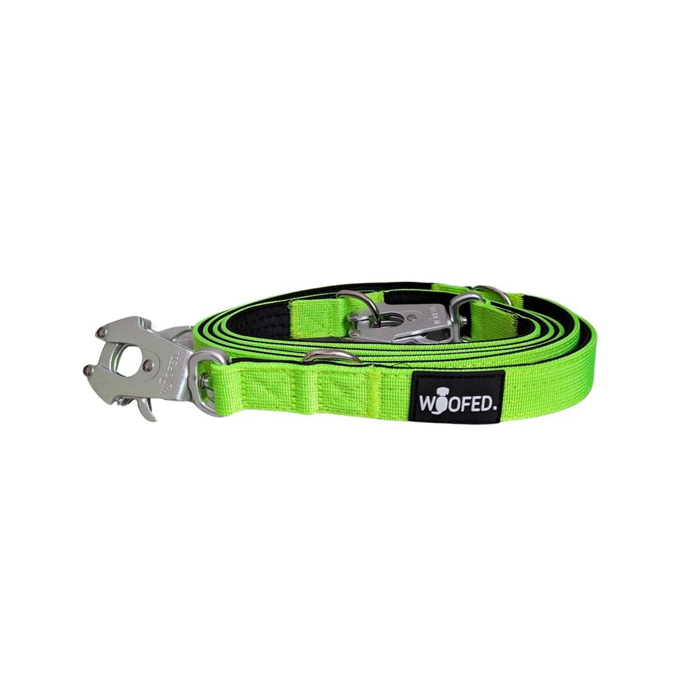 Leuchtend grüne Hundeleine aus Nylon mit Froschkarabiner, gepolstertem Griff und WOOFED-Logo. Ideal für aktive Hunde.