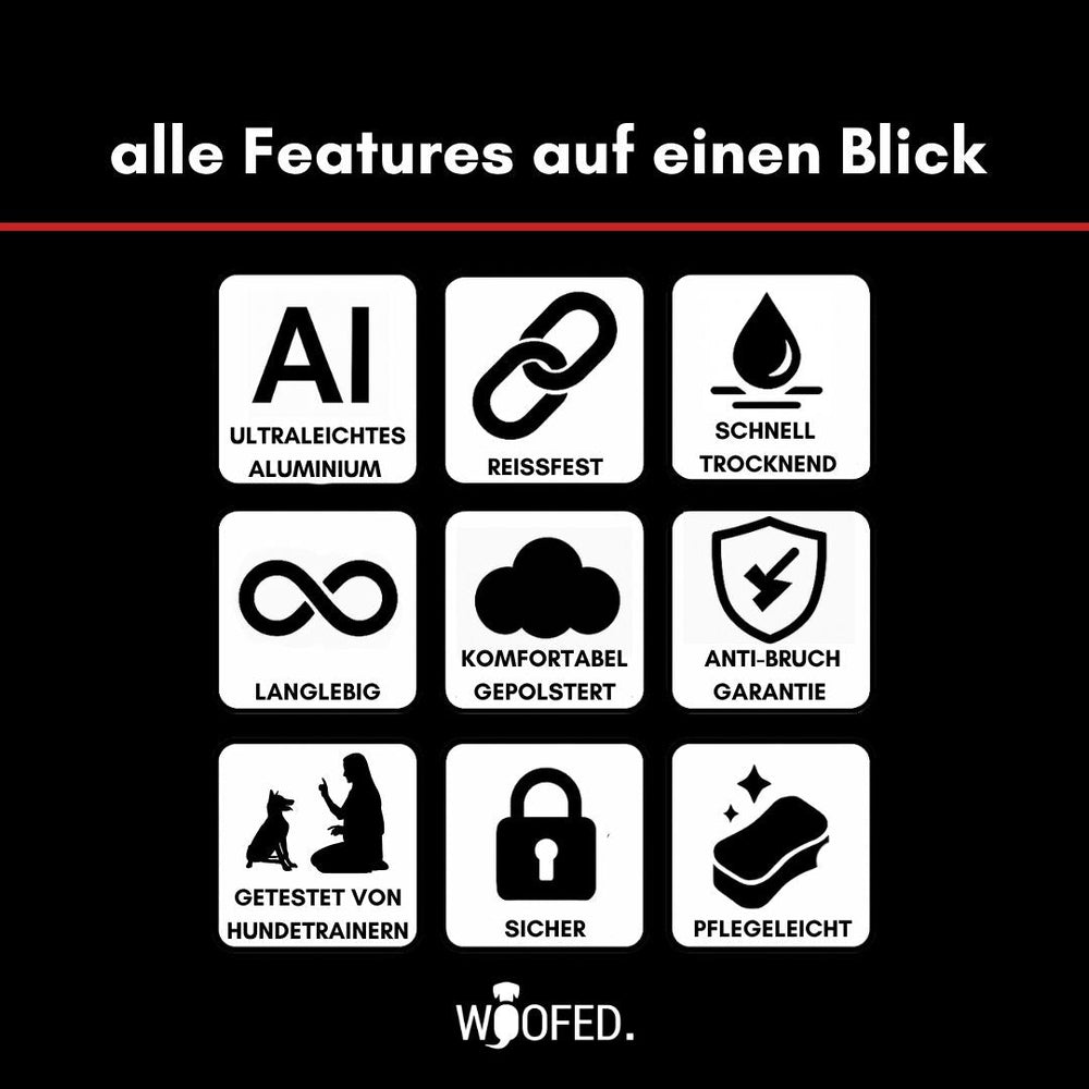 Ultraleichtes Nylon Halsband mit Griff – Features in Symbolen: Aluminium, Reißfestigkeit, schnelles Trocknen.