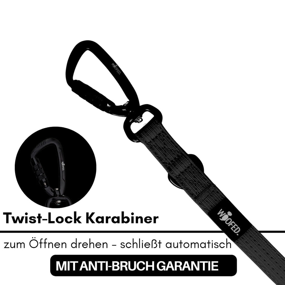 Schwarzer Twist-Lock Karabiner mit Sicherheitsfunktion, befestigt an stabilem, breitem Gurt für maximale Sicherheit.