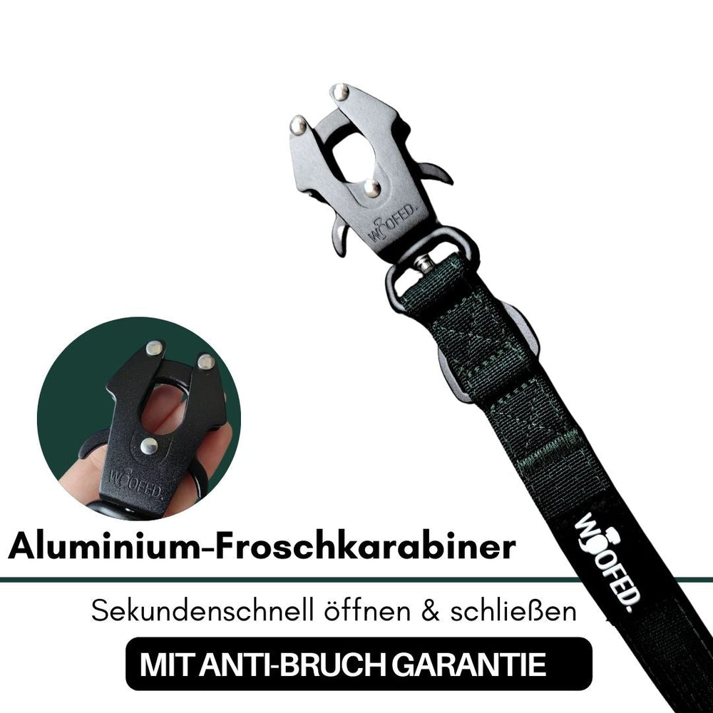 Führleine mit Aluminium-Froschkarabiner, robustes Band, Anti-Bruch Garantie sichtbar. Ideal für sichere Tierhaltung.