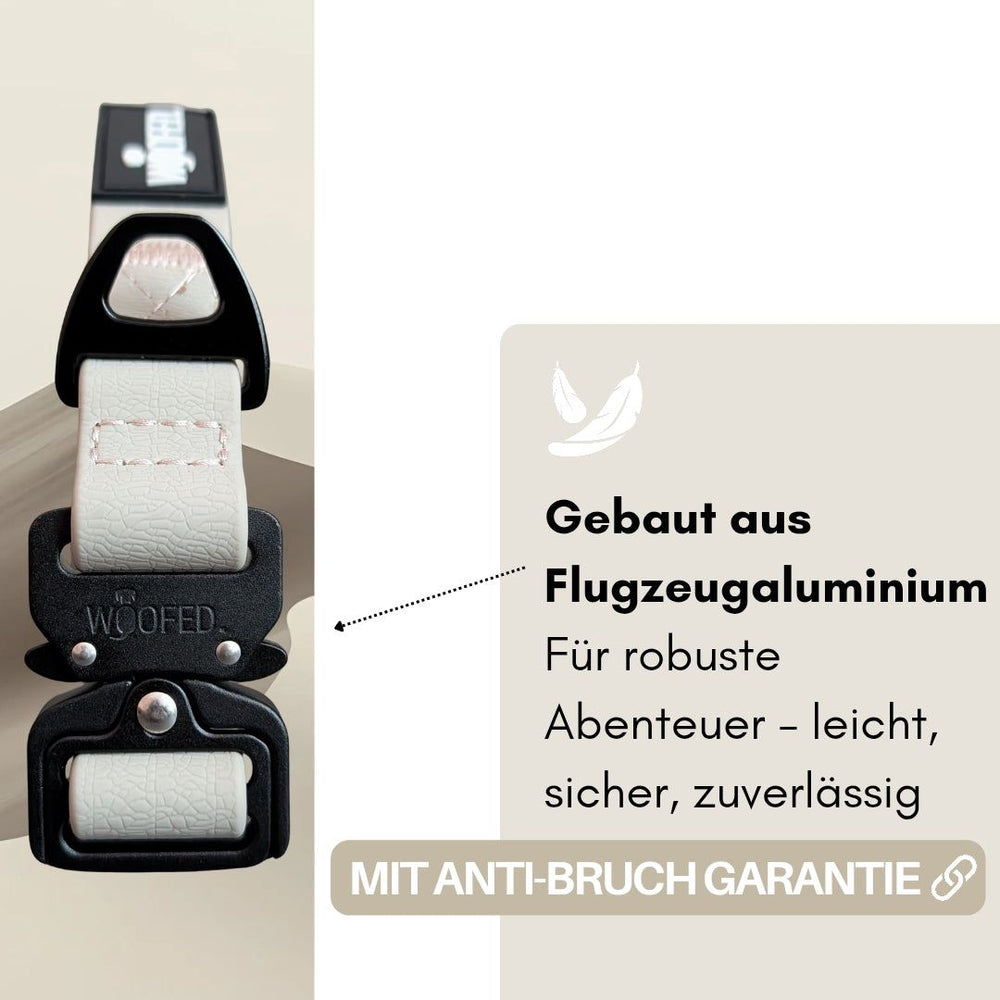 Verstellbares WOOFLEX® Halsband aus Flugzeugaluminium – robust, leicht und sicher mit Anti-Bruch-Garantie.