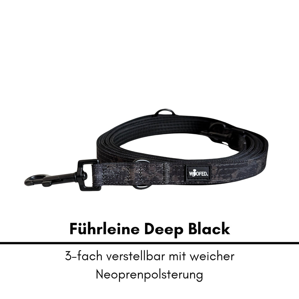 Verstellbare Nylon Führleine für Hunde in Deep Black mit Neoprenpolsterung und drei Längenoptionen.